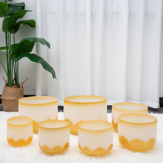 432hz Quartz Crystal Singing Bowl Gold Lotus Design set of 7