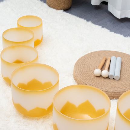 432hz Quartz Crystal Singing Bowl Gold Lotus Design set of 7