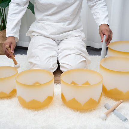 432hz Quartz Crystal Singing Bowl Gold Lotus Design set of 7