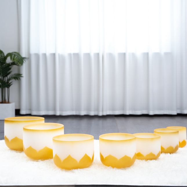 432hz Quartz Crystal Singing Bowl Gold Lotus Design set of 7