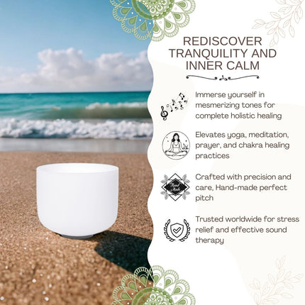 432hz 8 inch Quartz Crystal Singing Bowl Pure White G Note